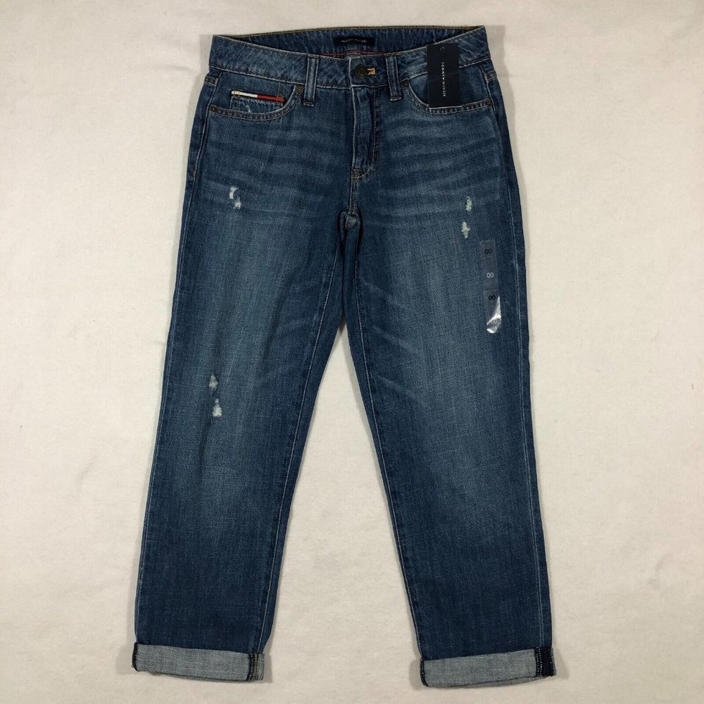 NEW Tommy Hilfiger Womens 00 Cuffed Crop Jeans Embroidered Logo Pocket  NWT $90